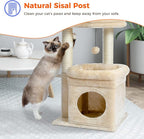 PEQULTI Cat Tree Cat Tower for Indoor Cats with Private Cozy Cat Condo, Natural Sisal Scratching Posts and Plush Pom-pom for Small Cats,Beige