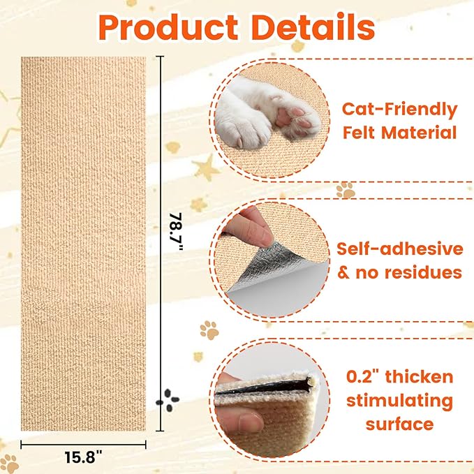 78.7"x15.8" Self-Adhesive cat Scratch pad - Trimmable Furniture Protector for Couch, Walls & Cat Trees | DIY Climbing Scratcher Pad with Twist Pins & Double-Sided Adhesives (Beige)