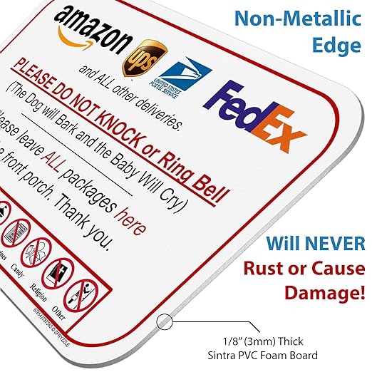 Leave Packages Sign - Do Not Knock or Ring Doorbell, Dog will Bark & Baby will Cry, 6" x 9" No Rust PVC, Will Not Scratch, Easy to Mount with Included Adhesive, Made in USA by SPRYZZLE