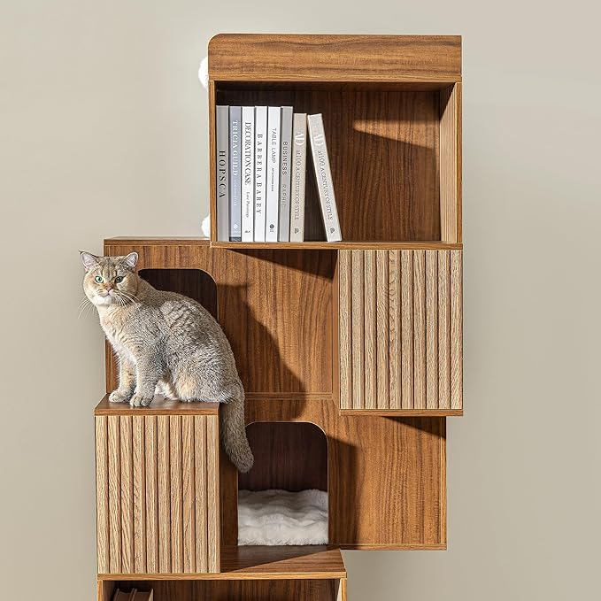 EUREKA ERGONOMIC Pawlio Cat Tree Bookshelf, Cat Bookcase, Modern Shared Bookshelf Cat Tree, Modern Pet Condo with Climbable Shelves, Indoor Dog and Cat Furniture, 72"(Walnut)
