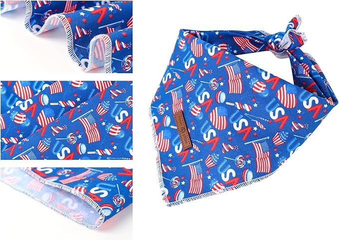 Lionet Paws 4th of July Bandanas 2 Pack, American Washable Triangle Bibs Scarf Kerchief, Adjustable Holiday Scarves for Small Medium Large Dogs Pets, USA & Flag