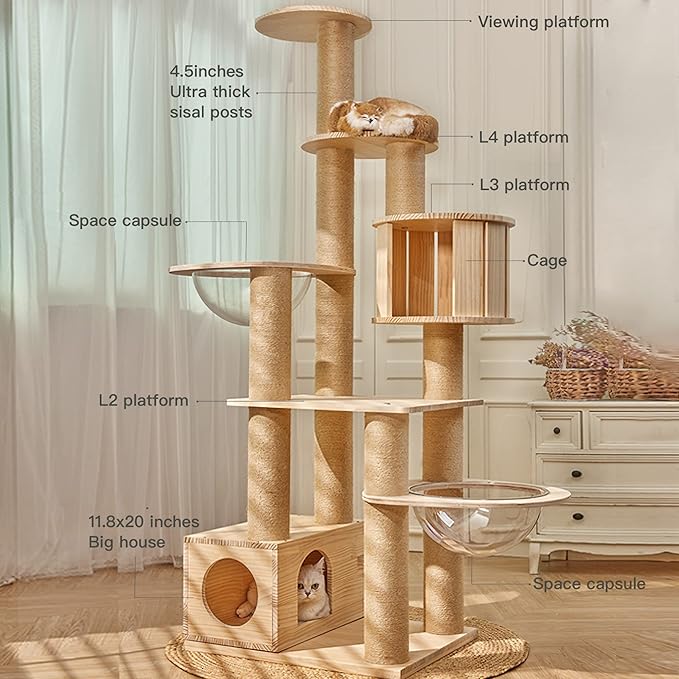 73" Tall Real Solid Wood Cat Tower with 2 Space Capsule Cat Beds, Top Bed,Thick Sisal Scratching Posts, Multi Cat Tree for Large Cats 20 lbs Heavy Duty, Cat Condo Furniture for Active Cats