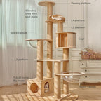 73" Tall Real Solid Wood Cat Tower with 2 Space Capsule Cat Beds, Top Bed,Thick Sisal Scratching Posts, Multi Cat Tree for Large Cats 20 lbs Heavy Duty, Cat Condo Furniture for Active Cats