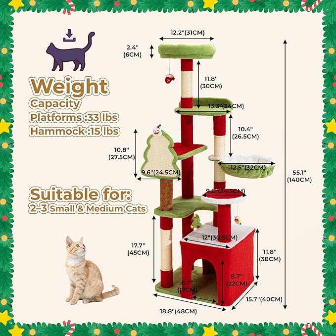 AQUILLA 55.1in Christmas Cat Tree Tower for Indoor Cats, Multi-Level Cat Condo with Sisal Scratching Posts, Cozy Hammock & Top Perches, Red & Green Holiday Pet Play House for Large Cats and Kittens