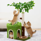 Small Cat Tree with Scratching Post and Ball Track, Green Cat Tower with Lifelike Leaves for Kittens and Small Cats, 2-Door Cat Condo and Interactive Cat Toys for Indoor Cats