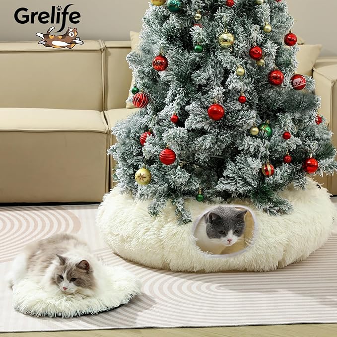 Grelife Cat Tunnel Bed for Indoor Cats, Cute Cat Tunnel Toys, Cat Donut Tunnel Toys with Washable/Removable Cushion, Non-Slip Base, for Cats, Kittens, Small Pets (White)