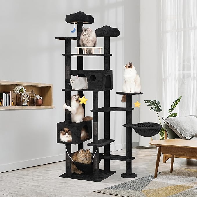 79inch Giant Cat Tree for Heavy Duty Big Cats, Multi-Level Luxury Cat Tower with Scratching Post, Cat Condo with Hammocks & Plush Perches for Indoor Cats Large Adult, Black