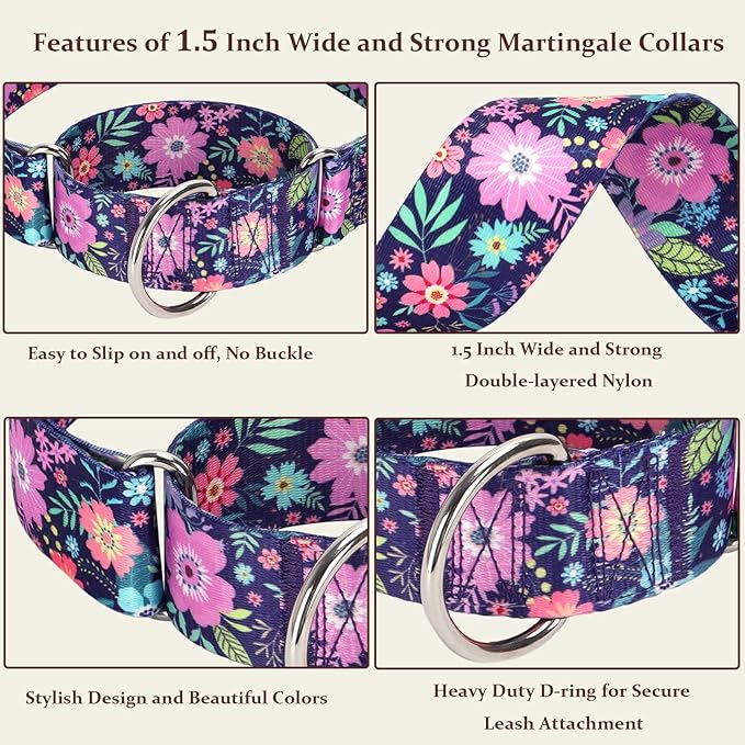 Wide 1.5 inch Martingale Collar for Extra Large Dogs,Big Thick Dog CollarNo-Slip Escape Proof Choke No Pull Cinch for Male and Female Dogs for Training & Walking -Bohemia Flowers XL