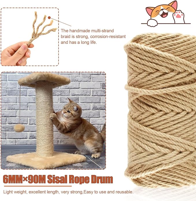 Sisal Rope 1/4 Inch, 295FT/90M Sisal Rope for Cat Scratcher, Ideal for Replace Scratching Post, Repair Cat Tree, DIY Projects