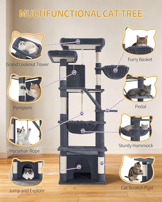 Large Cat Tree, 72 Inch Tall Indoor Cat Tower for 6 Large Cats, Corner Climbing Activity Pet Condo with 2 Large Platforms/2 Cats House/6 Scratching Post/1 Hanging Basket, Dark Gray MS18318SG
