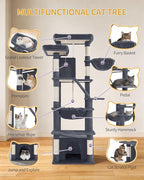 Large Cat Tree, 72 Inch Tall Indoor Cat Tower for 6 Large Cats, Corner Climbing Activity Pet Condo with 2 Large Platforms/2 Cats House/6 Scratching Post/1 Hanging Basket, Dark Gray MS18318SG