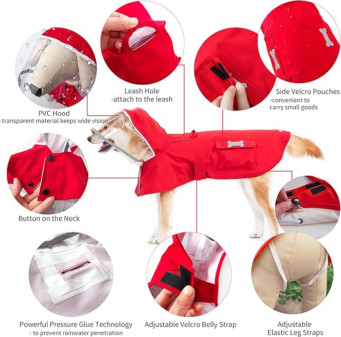 Dog Raincoat,Waterproof Rain Poncho with Hoodie, High Reflective Adjustable Pet Rain Jacket with Leash Hole for Small Medium and Large Dogs (Red, X-Small)