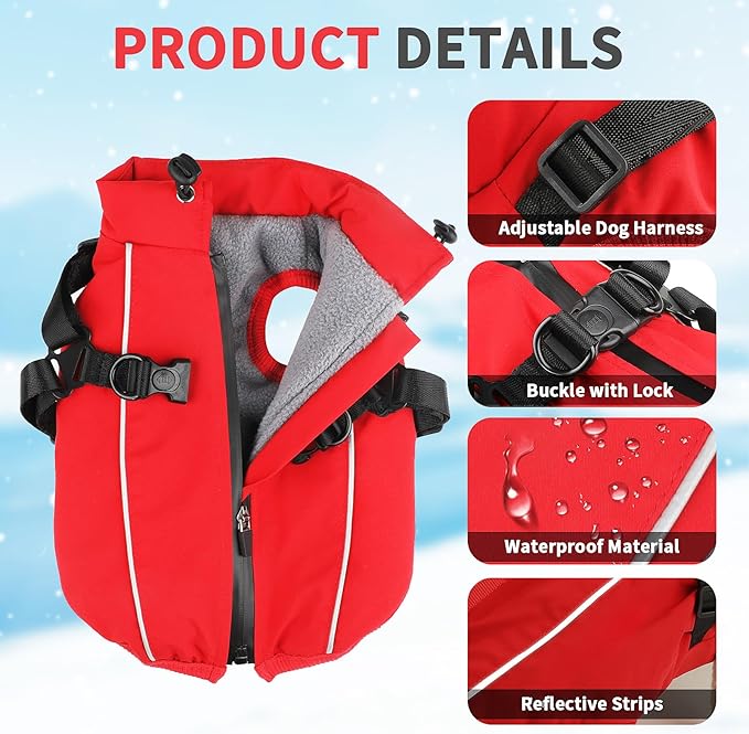 Dog Winter Coat Reflective Water-Resistant Jacket, Fleece Lined Windproof Puppy Coat with Back Zipper & D-Ring, Cold Weather Dog Coats for Small Medium Dogs (XL, Red)