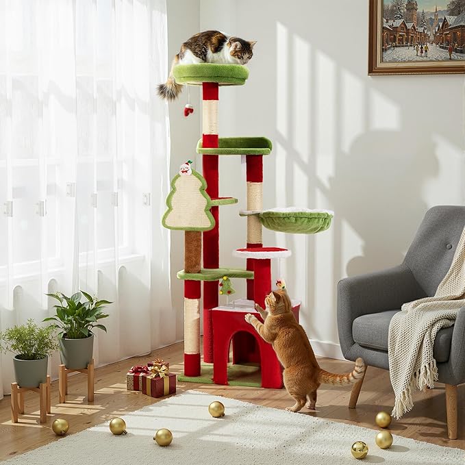 AQUILLA 55.1in Christmas Cat Tree Tower for Indoor Cats, Multi-Level Cat Condo with Sisal Scratching Posts, Cozy Hammock & Top Perches, Red & Green Holiday Pet Play House for Large Cats and Kittens