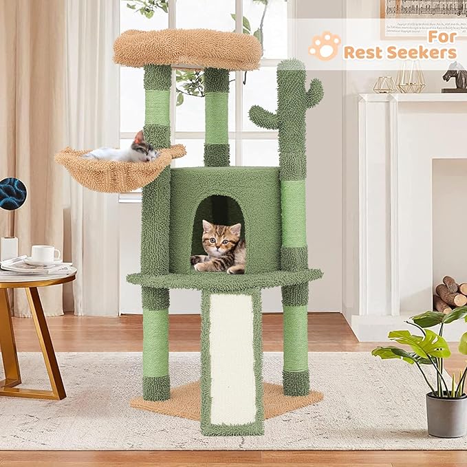 Cat Tree Cactus Design Cat Tower with Scratching Posts, Cat House Condo Perch and Ladder Small Cat Trees for Indoor Cats 42 Inches, Green/Light Brown