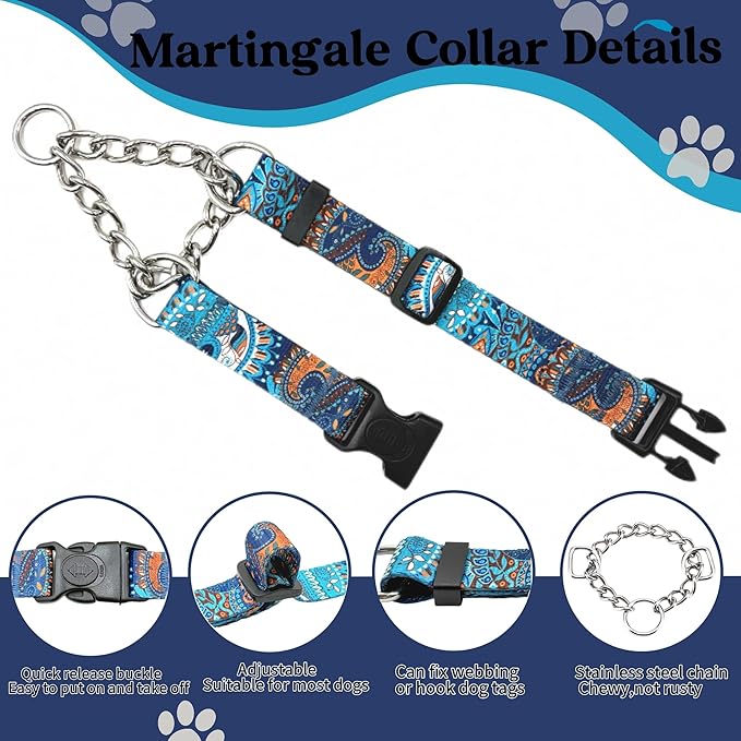 Martingale Dog Collar with Chain Stainless Steel, Nylon Dog Collar Flowers Pattern, Adjustable Training Walking Collar with Quick Release Buckle, Slip Chain Collar for Puppy Medium Large Dogs
