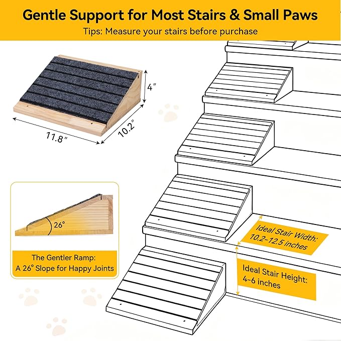 COZIWOW 4 PCS Dog Ramp for Stairs, Non-Slip | Sturdy | Wooden Dog Stairs Pet Ramp for Small Medium Dogs Cat, Pet Steps Stair Wedges Assist for Injured & Older Pets, Gentle Slope Step Stairs(4)