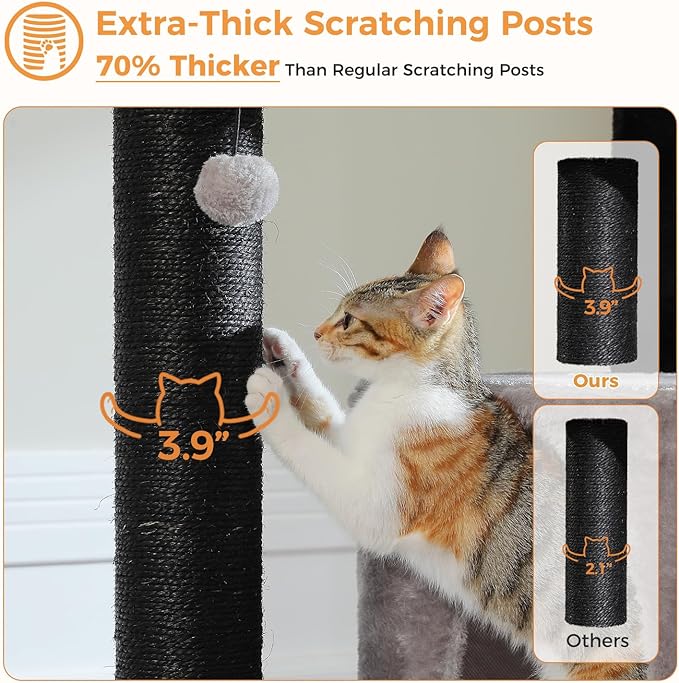 PETEPELA 58" Large Cat Tree for Big Adult Cats up to 30 lbs, Heavy Duty Cat Tower w/Extra-Thick Scratching Posts [φ3.9”], XL Hammock & Spacious Condo, Study Cat Furniture for Maine Coons, Black