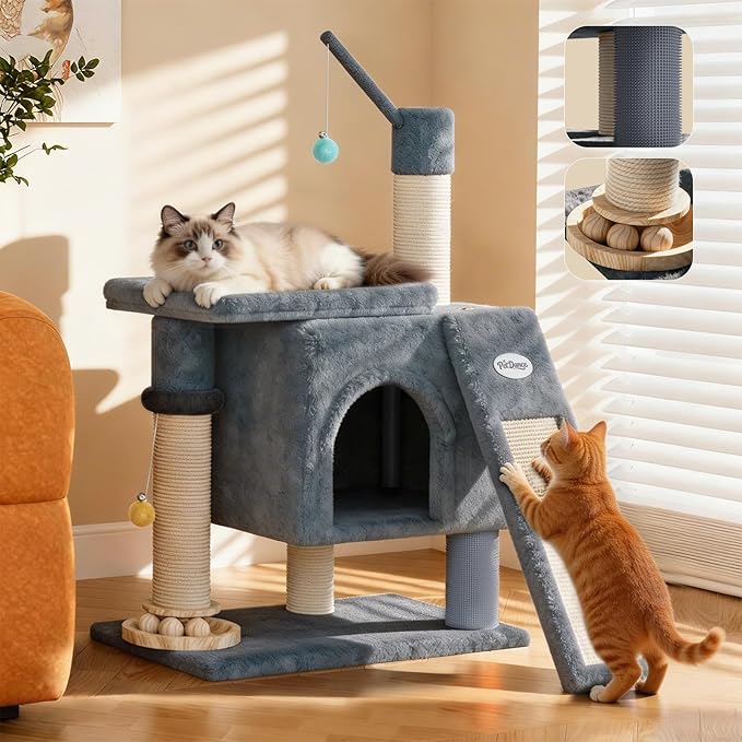 【SteadyCore】 PetDance All-in-1 Cat Tree Tower with Heavy Duty Board, Solid-Wood,Small Cat Tower with Multiple Fun:Interactive Track Ball Toy & Self-Grooming Brush for Indoor Cats,Light Gray