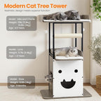 Wood Modern Cat Tree Tower for Indoor Large Cats,48-Inch Tall Wooden Cat Trees with Big Perch Bed, Multi-Level Condo with Scratching Board and Posts, Removable Pads, Cat Furniture, Greige