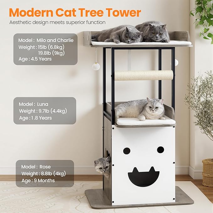 Wood Modern Cat Tree Tower for Indoor Large Cats,48-Inch Tall Wooden Cat Trees with Big Perch Bed, Multi-Level Condo with Scratching Board and Posts, Removable Pads, Cat Furniture, Greige