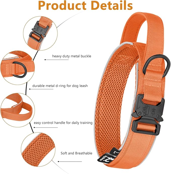 HYDEME Tactical Dog Collar, Alpine Loop Adjustable Military Training Nylon Dog Collars with Handle and Reflective for Small Medium Large Dogs, with Airtags Protective Case & Patches.(M,Orange)
