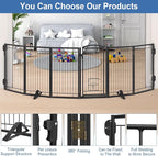 Metal Freestanding Dog Gate with Cat Door for Indoor&Outdoor,120" Extra Wide Foldable Pet Gate,36" Tall Foldable Indoor Dog Fence for Wide Openings Stairs,Deck,Yard,Doorways(6 Panels,Black)