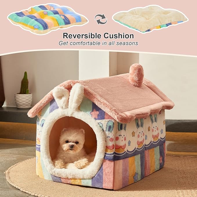 JIUPETY Cute Cat Houses for Indoor Cats, Dog Bed with Cover Cave, M Size Cat Cave for 6-11 Lb Dogs and 9-17 Lb Cats, Igloo Dog House with Non-Slip Bottom, Rainbow