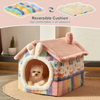 JIUPETY Cute Small Dog House Indoor, Foldable House Kennel Bed Mat with Cushion, L Size Tent for 11-16 lb Dogs and 18-22 lb Cats, Dog Cave Bed with Non-Slip Bottom, Rainbow