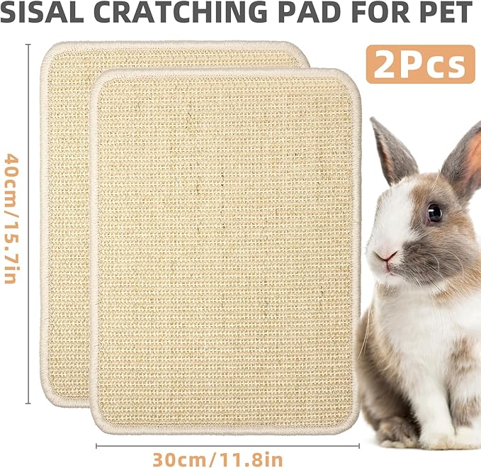 2 Pieces Rabbit Scratcher Mat, Natural Sisal Cat Bunny Rabbit Scratching Pad, Rabbit Animal Scratch Pad Rug for Indoor Horizontal Cat Floor Scratching Mats Rug, Furniture Protector (Beige)