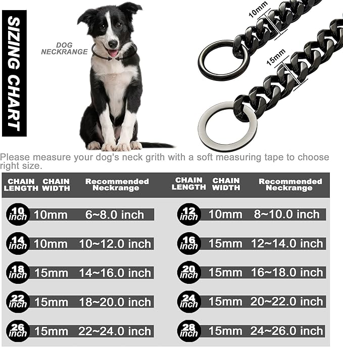 Dog Chain Collar Dog Walking Collar 15mm Black Strong Stainless Steel Cuban Link Chain Collar for Small Medium Dogs（28 Inches