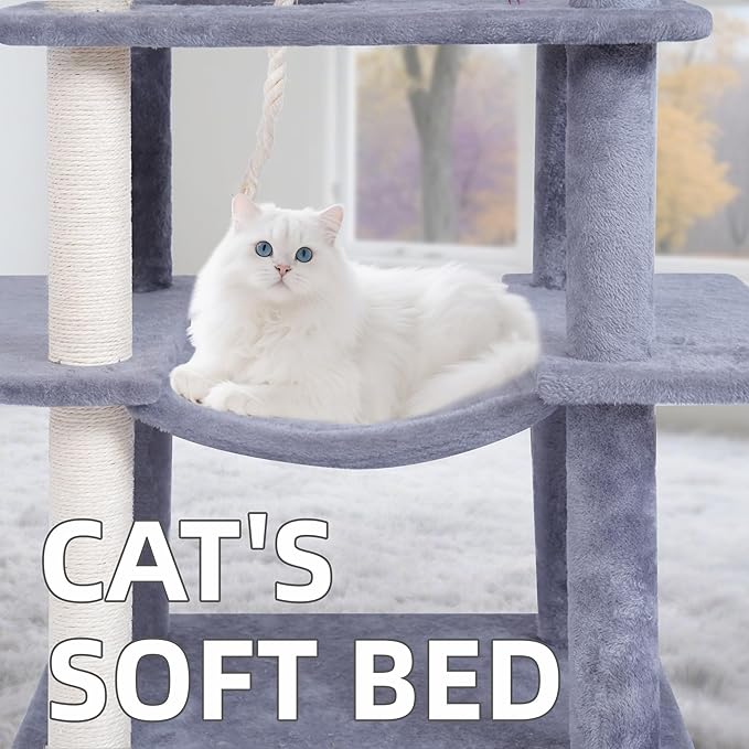 Big Cat Tree, Cat Tower with Multi-Level Condo, Hammocks, Rotating Toy (Grey, 63.4'')