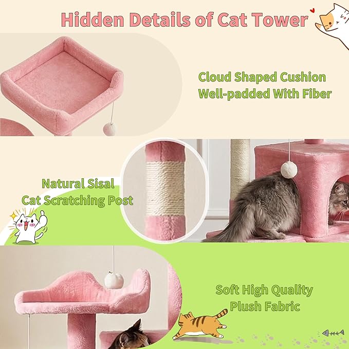 Pawly 52.5" Large Cat Tree with 2 Condos & Sisal Ramp, Premium CARB P2-Compliant Particle Board, 350G Plush Sturdy Cat Tower for Large Breeds, Senior Cats & Multi-Cat Household, Pink