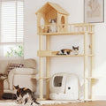 Wood Cat Tower for Automatic Litter Box, 60" Tall Cat Tree with Scratching Post, Multi-Level Solid Wood Cat Tree for Indoor Large Cats, Tall Cats Scratching Post Furniture w/House, Burlywood