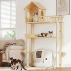 Wood Cat Tower for Automatic Litter Box, 60" Tall Cat Tree with Scratching Post, Multi-Level Solid Wood Cat Tree for Indoor Large Cats, Tall Cats Scratching Post Furniture w/House, Burlywood