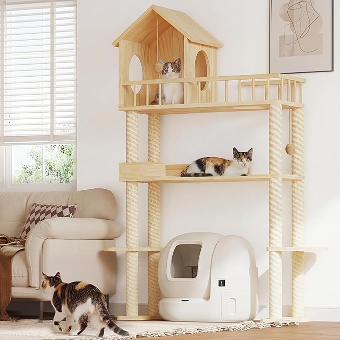 Wood Cat Tower for Automatic Litter Box, 60" Tall Cat Tree with Scratching Post, Multi-Level Solid Wood Cat Tree for Indoor Large Cats, Tall Cats Scratching Post Furniture w/House, Burlywood