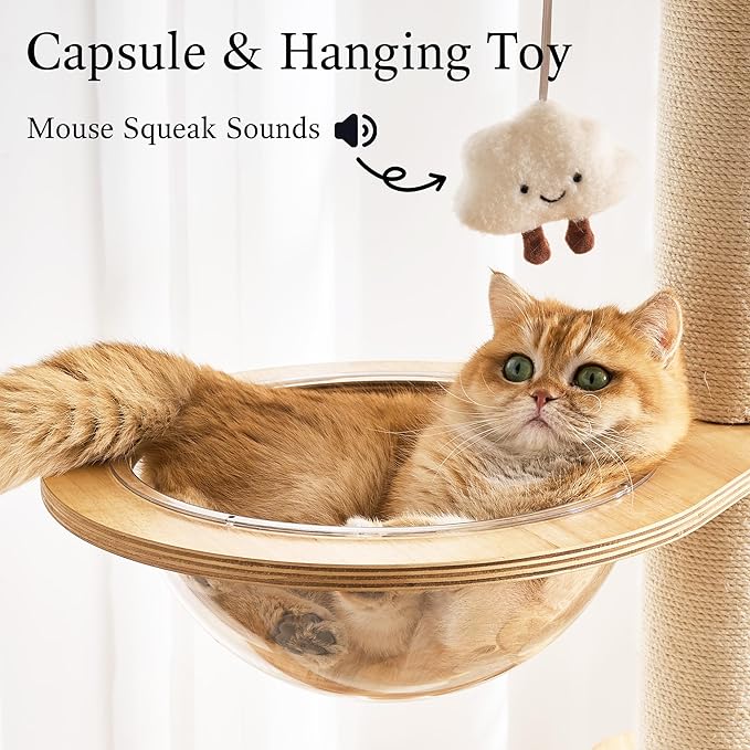 797Audio Modern Wood Cat Tree Tower, 64" Cat Tree with Sisal Scratching Posts, Condo, Capsule, Hammock for Indoor Cats, Solid Rubber Wooden Cat Tree, Multi-Level Tree for Large Adult Cat