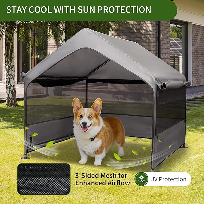 Summertrail Dog House Outside, Dog Tent Outdoor, Dog Shade Shelter Doghouse Canopy with Three-Sided Breathable Mesh Windows, Gray Sun Rain Cover for Pet Cat Livestock（Large Size）