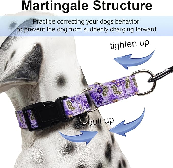 Reflective Martingale Collar for Dogs with Quick Release Buckle Cute Girl Female Flower Dog Collars (Lavender Floral, Small)