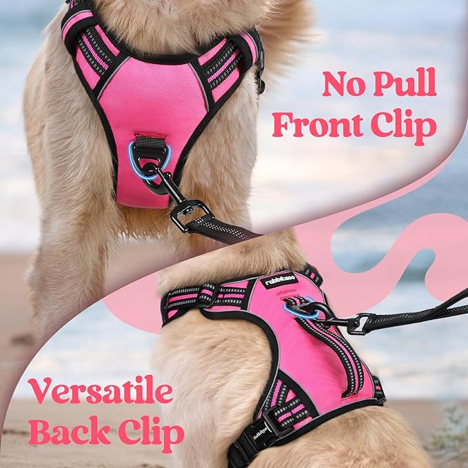 rabbitgoo Dog Harness for Large Dogs, No Pull Pet Harness with Soft Padded Handle, Adjustable Reflective Vest with 3 Buckles, Easy Walking Harness with 2 Leash Clips, Pink, XL