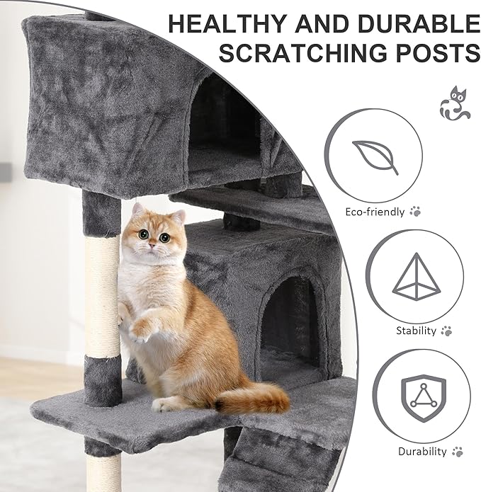 70" Multi-Level Cat Tree Tower with Scratching Posts, Toys & Condo - Space-Saving Design for Indoor Kittens, Compact Floor Footprint & Vertical Space for Multi-Cat Homes-Ashy