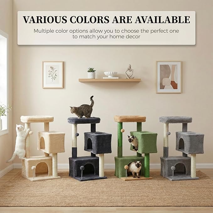 32" Cat Tree Tower for Indoor Cats - 2 Cozy Condos, Multi-Level Cat Scratching Posts with Sisal, Soft Padded Perch, 2 Dangling Toys, Light Grey