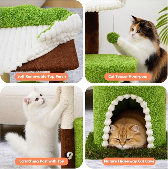 Multi-Level Cat Tree with Sisal Scratching Post, Small Cat Tower with Cozy Condo, Soft Top Perch and Interactive Toy Mouse, Cute Forest Design Cat Furniture for Indoor Cats and Kittens