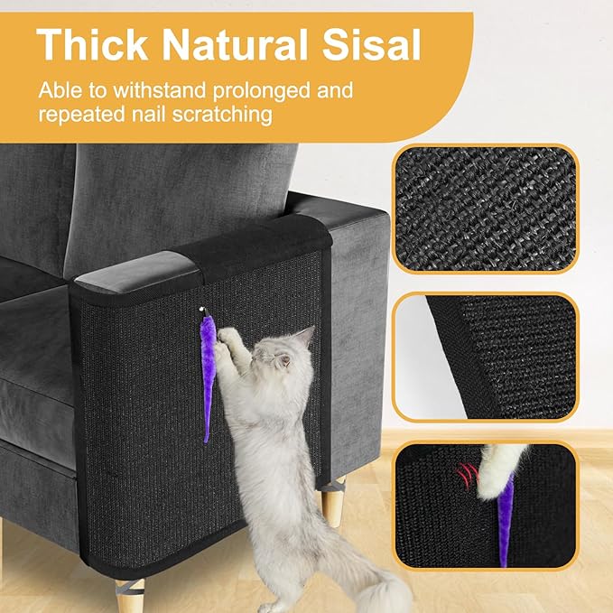 Cat Scratch Couch Protector,Cat Scratch Sofa Armrest Cover with Sisal Mat and Toy for Cats,Sofa Scratcher Furniture Protector 23.6’’L*19.7’’W (Black/Left Hand)