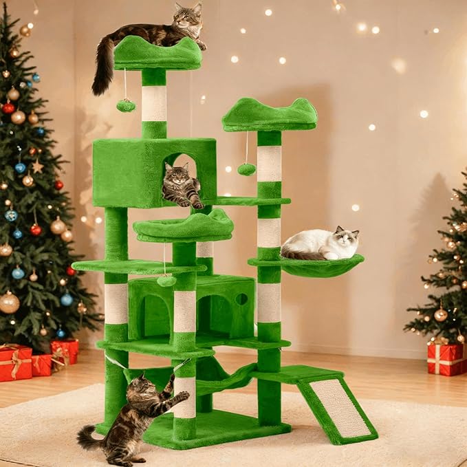 YITAHOME Tall Cat Tree for Indoor Cats, 75 inch Multi-Level Cat Tower with Cat Condos, Top Perches, Sisal Ramp Scratching Posts, Cozy Basket, Hammocks, Large Cat Pet Activity Structure,Green