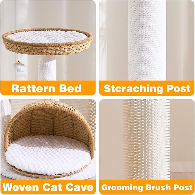 Modern Cat Tree Tower for Large Cat with Scratching Post for Indoor, 46 inch Multi-Level Cat Tower with Handwoven Beds, Cat Cave, Dangling Balls