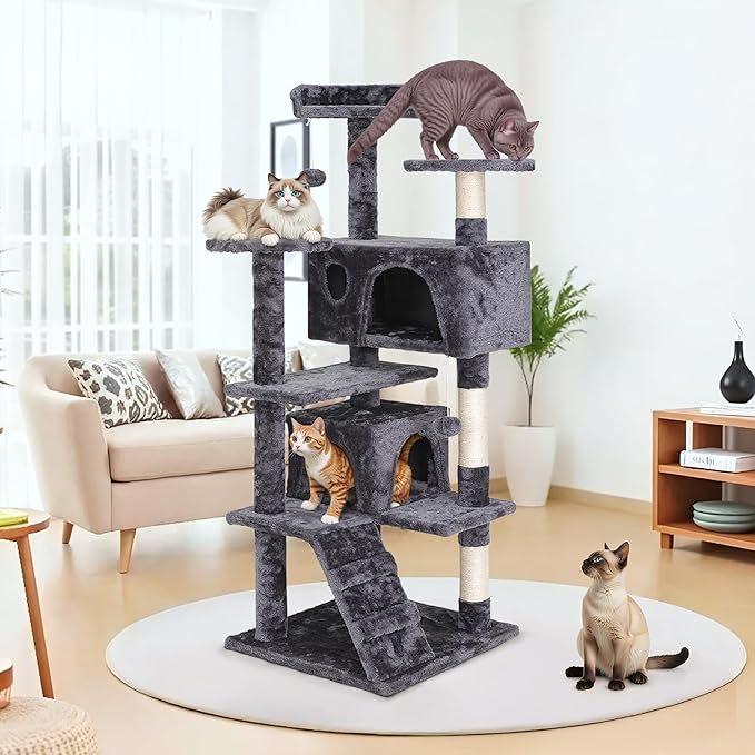 54-Inch Cat Tree Multi-Level Condo Tower Bed Furniture Kitten Play House with Scratching Posts, Dark Grey