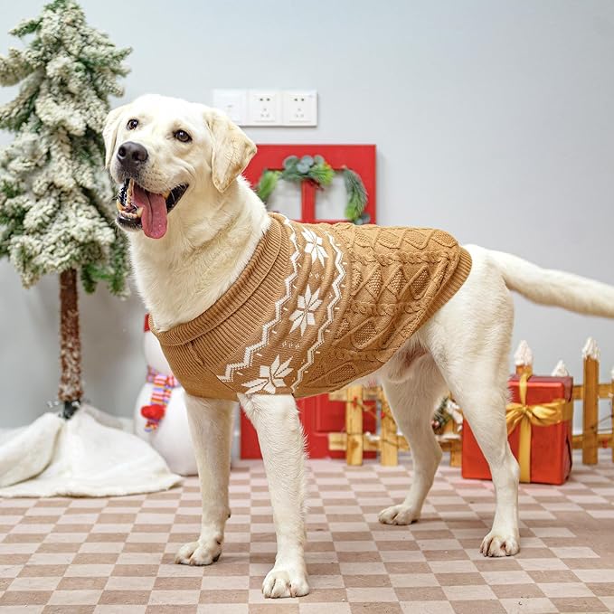 Warm Winter Dog Sweater - Cold Weather Pet Clothes for Small Medium Large Dogs Indoor Outdoor, Soft Classic Knit Puppy Apparel, Khaki, M