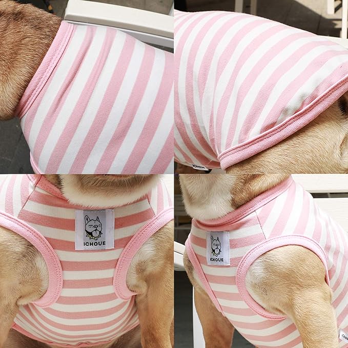 iChoue French Bulldog 100% Breathable Cotton Striped T Shirts Halloween Vest Clothes for Medium Dogs Tank Tops Frenchie Pug English Boston Terrier Pitbull Pink White Stripes - Large