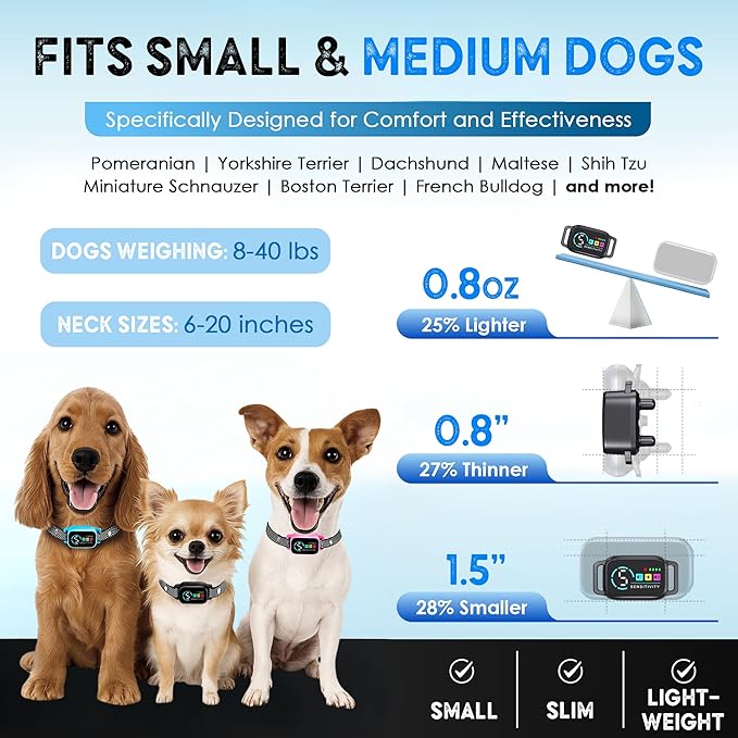 Bark Collar for Small Dogs 8-40 lbs – No Shock Anti Barking Collar with AI Chip – 3 Modes & 5 Sensitivity Levels – Waterproof, Rechargeable, Magnetic Charging – Humane, Effective Training (Black)